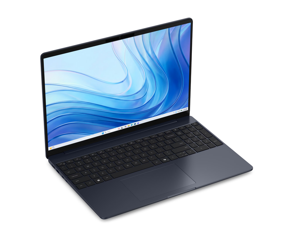 Een opengeklapte donkerblauwe laptop, schuin van voren gezien