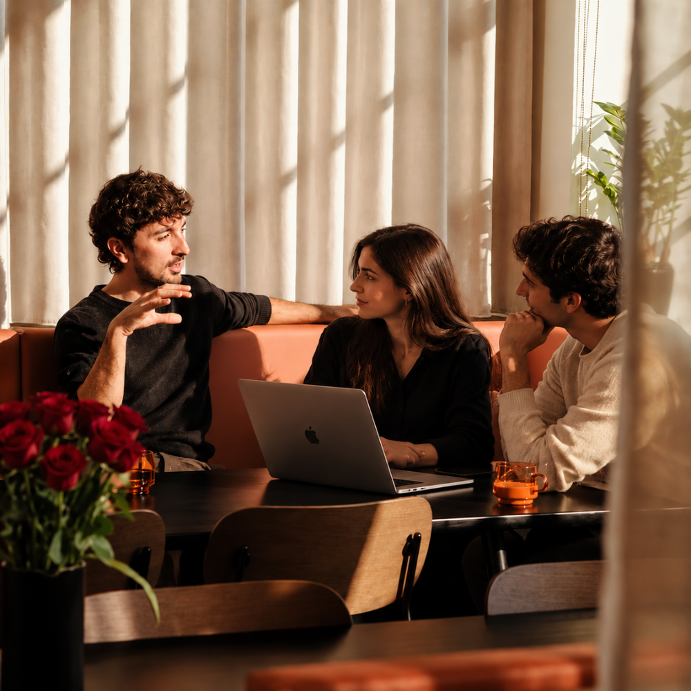 Drie collega's zitten aan een tafel bij het raam met een opengeklapte laptop ertussen