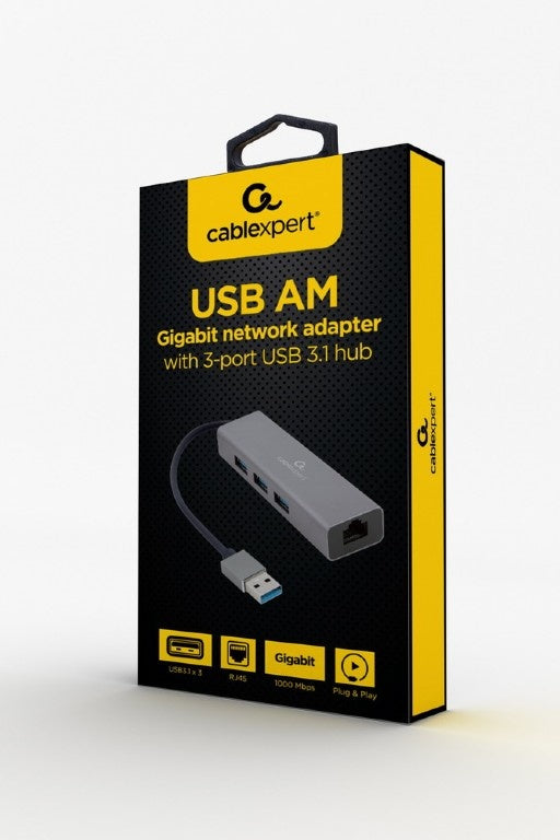 Gembird USB type-AM Gigabit netwerkadapter met ingebouwde USB 3.0 hub