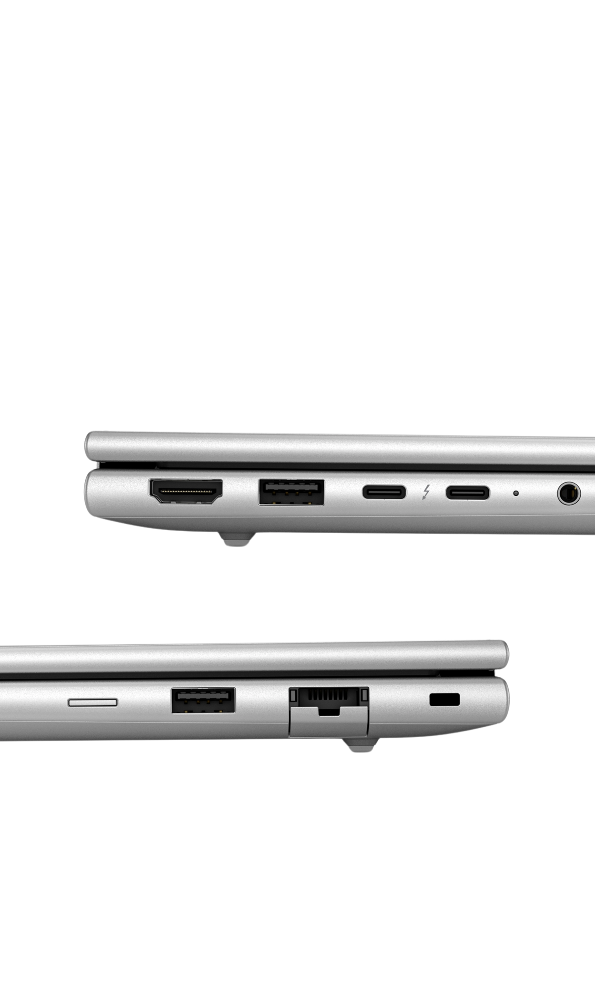 Die Anschlüsse an der Seite von zwei Laptops, von HDMI und USB bis USB-C, Netzwerk und einem Schloss