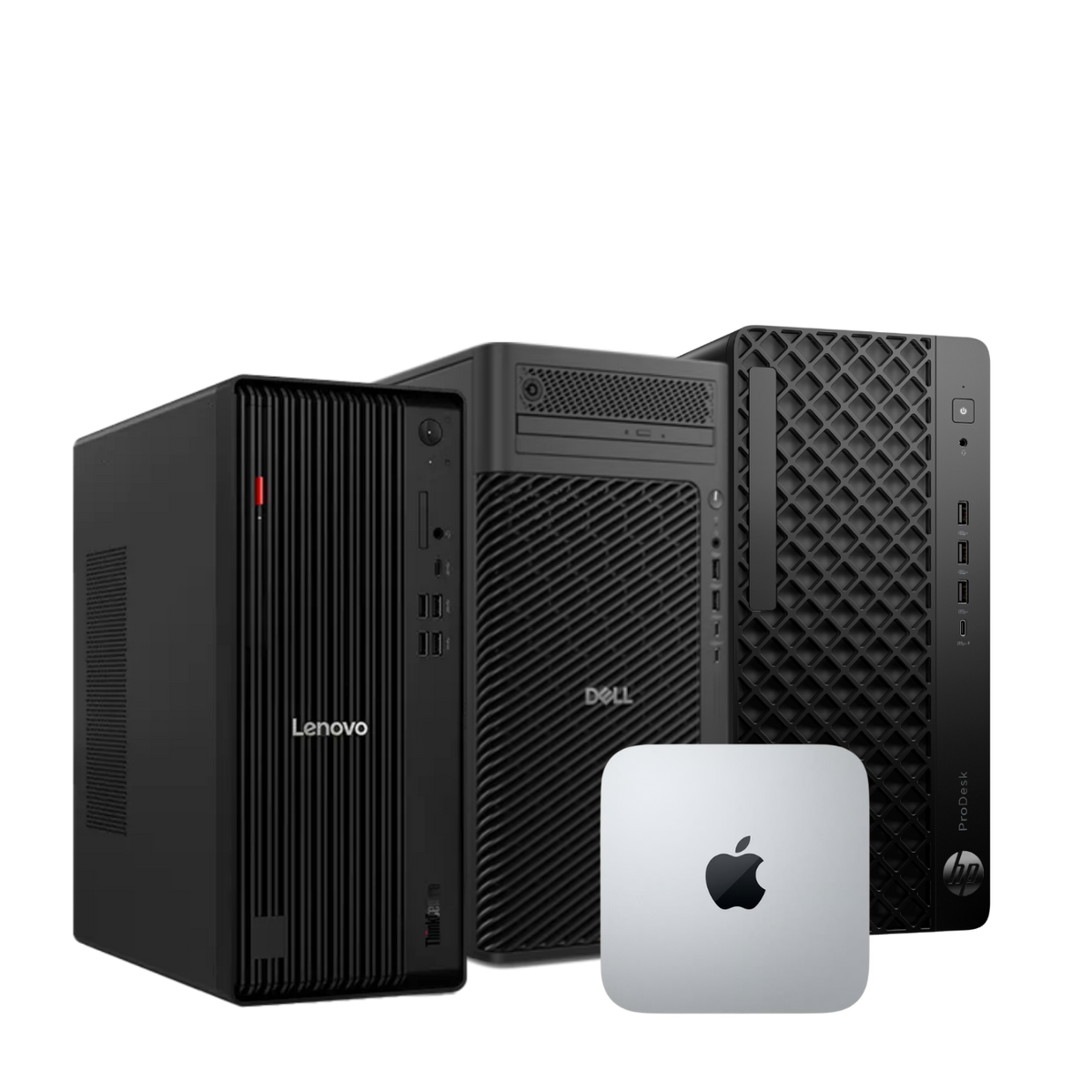 Refurbished desktops van Lenovo, Dell, HP en een Apple Mac mini