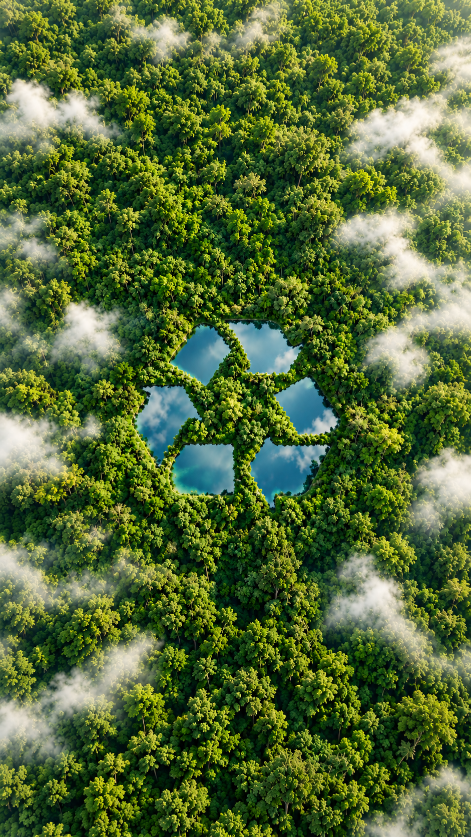 Een bos van bovenaf met het kringloopsymbool erin uitgesneden, gevuld met water waarin de lucht weerspiegelt