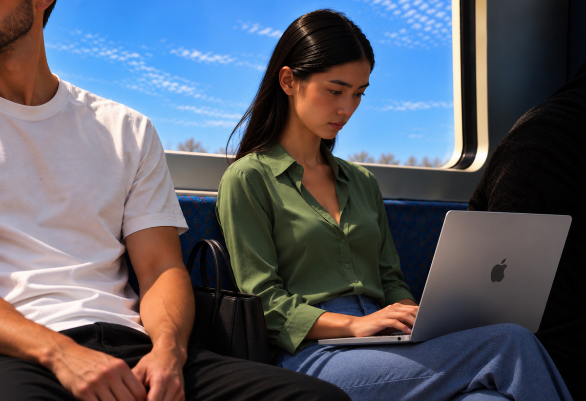 Zzp'er werkt onderweg in de trein op een MacBook